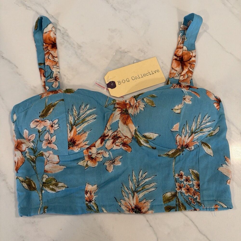 B.O.G. Collective Floral Bustier Crop Top Smocked XS Boho Festival Hawaiian NWT